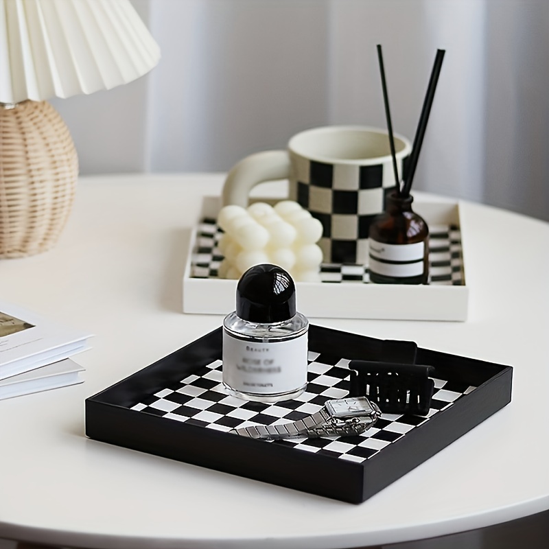 

1pc Acrylic Plastic Decorative Tray With Black And White Checker Pattern, Rectangular Vanity Organizer For Jewelry And Perfume, Modern Service Tray For Home Decor