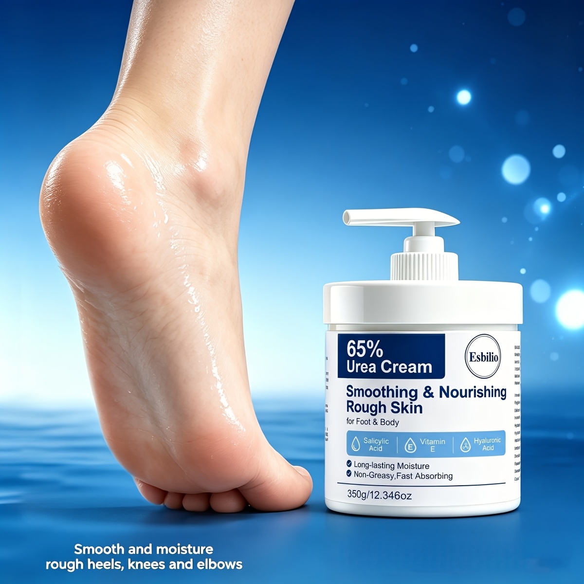 ESBILIO 350g 65% Urea Cream Suitable for Rough Dry Cracked Skin on Heels, Knees, Elbows & Hands - Fast-Absorbing Non-Greasy Formula with Salicylic Acid, Vitamin E & Hyaluronic Acid for, Hydration & Smoothing