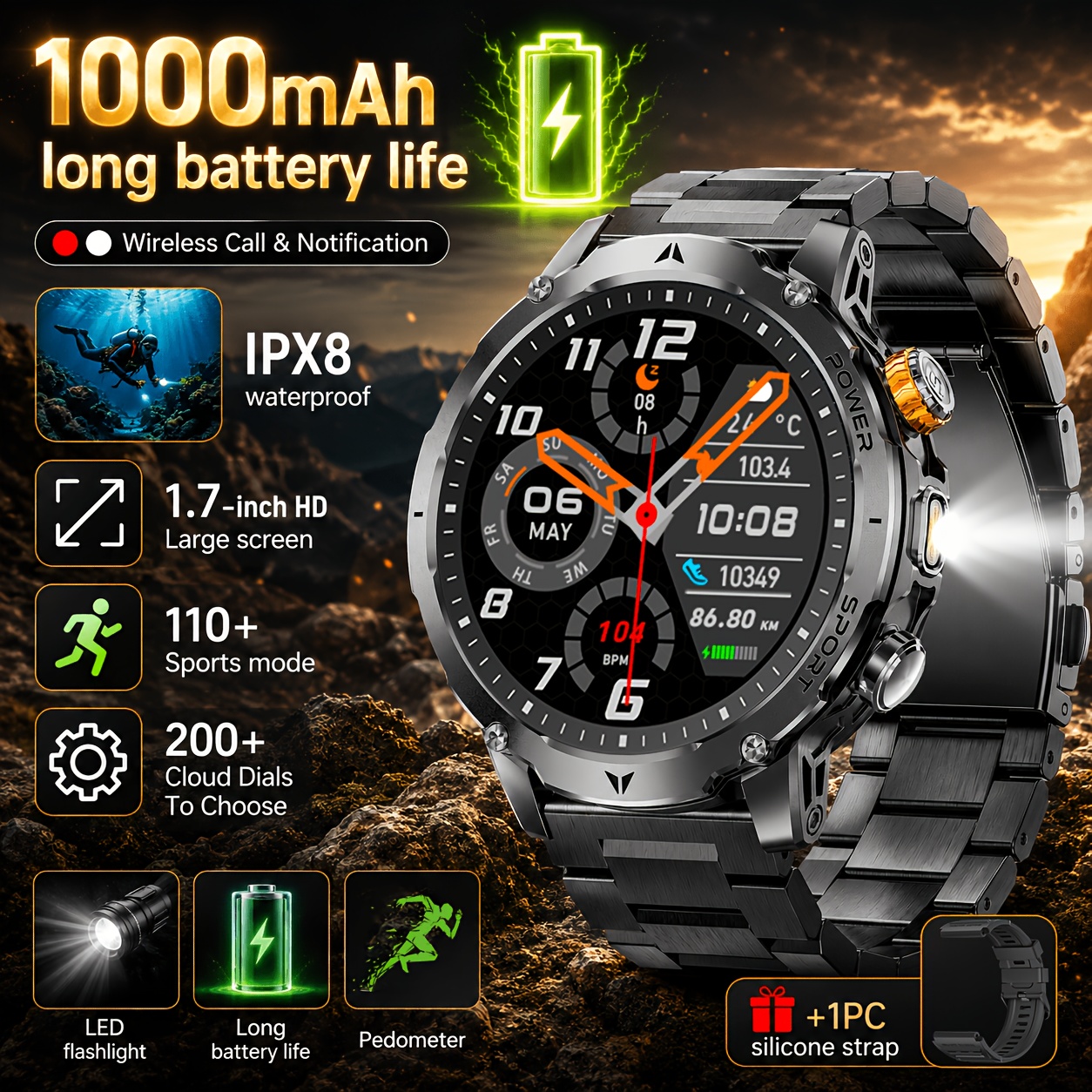 TEMU LIGE Smart Watch para Hombre, Pantalla HD de 1.7 pulgadas, Smartwatch con Batería de 1000Mah, Linterna LED, Llamada Inalámbrica, Más de 100