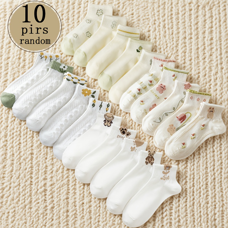 E-shop Zufällige Farbe 10 Paar Damen Blumen Kurze Socken - 10 Paar Zufällige Niedliche Cartoon Blumen Knöchelsocken, Geeignet für Damenbekleidung -