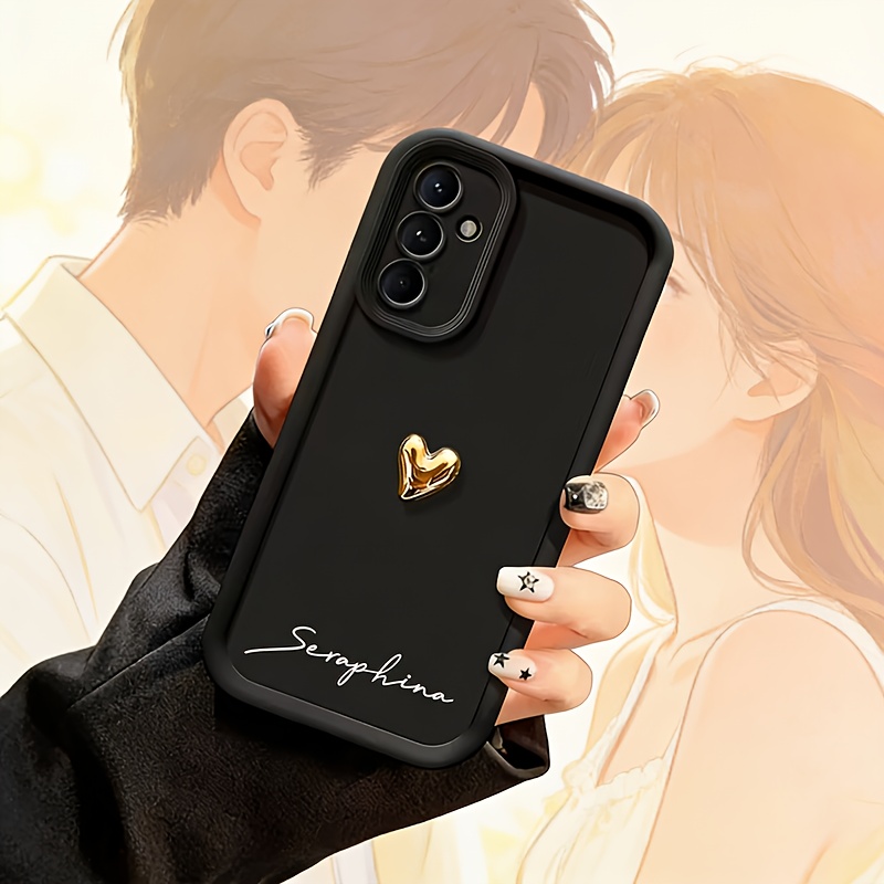 TEMU Phone Case - Diy Custom Tpu Phone Case, Cute Golden 3d Heart Name Protective Cover, Compatible With Galaxy