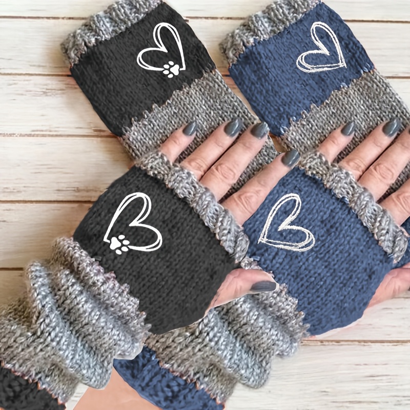 2-pair Set Heart + Heart Claw Embroidered Autumn/winter Warm Outdoor Fingerless Mittens