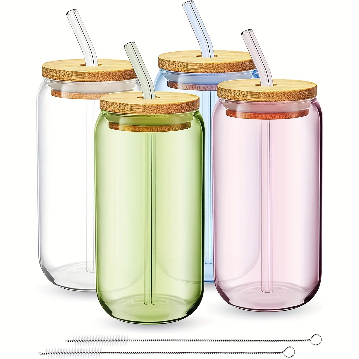 

4pcs 16oz Stained Borosilicate Glass Set With Bamboo & Straws, Reusable For Juice, Soda & Coffee Drinks, Glass Set