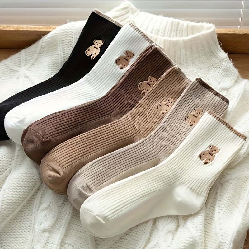 5 Pairs Cute Cartoon Bear Embroidered Crew Socks for Women, Soft Comfortable Breathable Polyester Knit Fabric with Spandex, Casual Sports Short Socks with Hand Wash Instructions