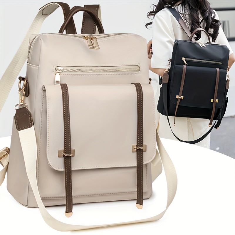 

1pc Vintage Style Nylon Backpack For Women, Large Capacity Casual Student Bag With Adjustable Straps, Lightweight Solid Color Shoulder Bag With Zipper Closure And Polyester