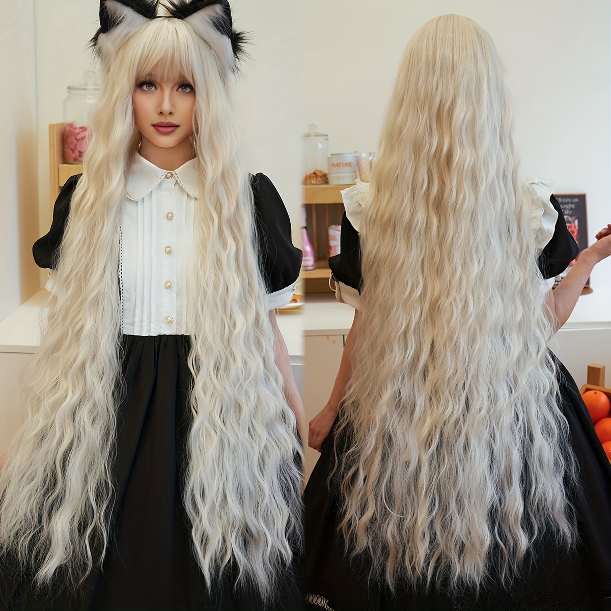 Image of Cosplay Wig Extra Long Grayish White Wig Suitable For Women' Party Use High Density Water Wave Silvery Gray Lolita Style Wig With Bangs Halloween Costume Wig 43.3 Inches