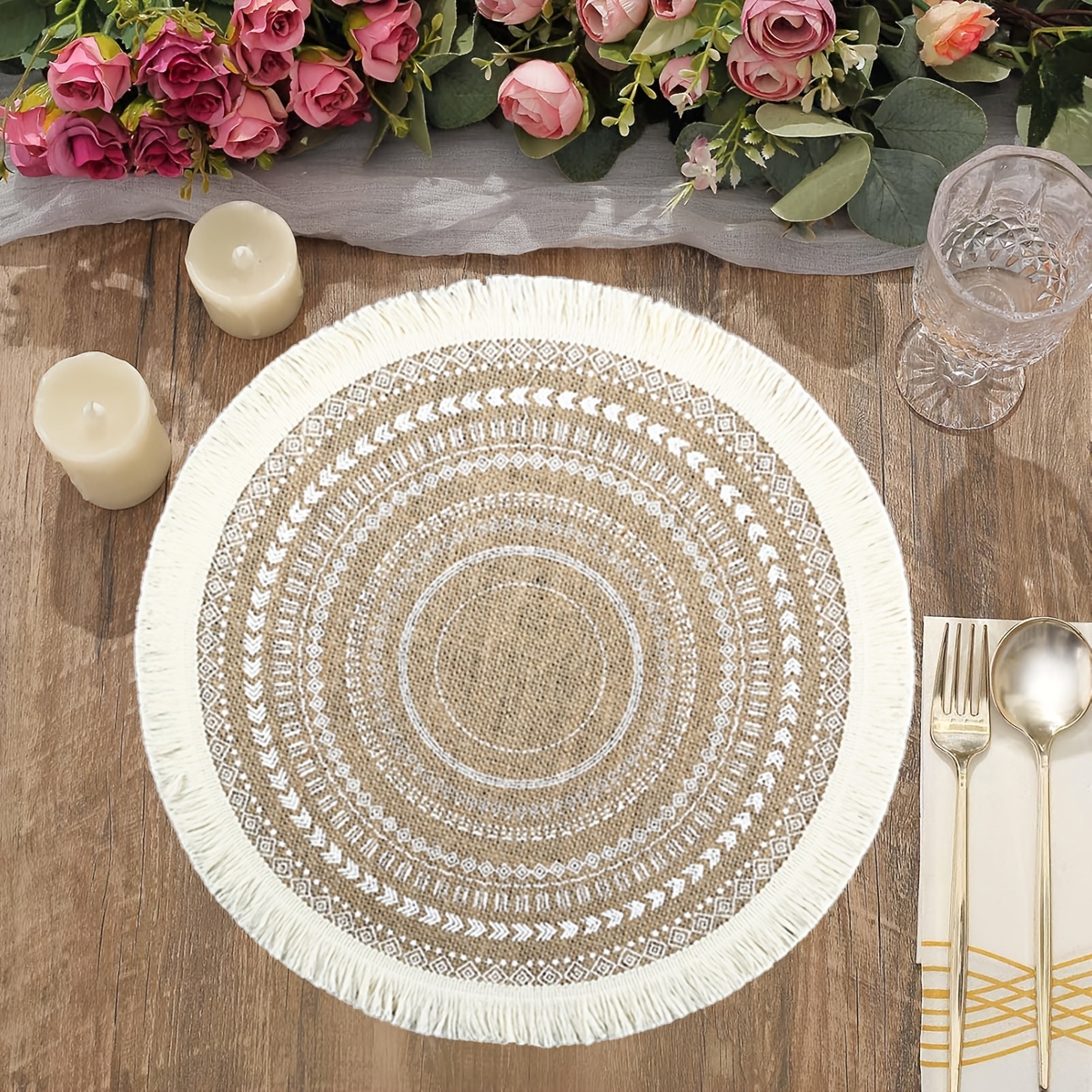 6pcs 8pcs 10pcs bohemian round tassel placemats   linen   beige white decorative fringe detail for dining tables in restaurants kitchens and home decor kitchen table decor bohemian style   linen placemats for table Product details 1