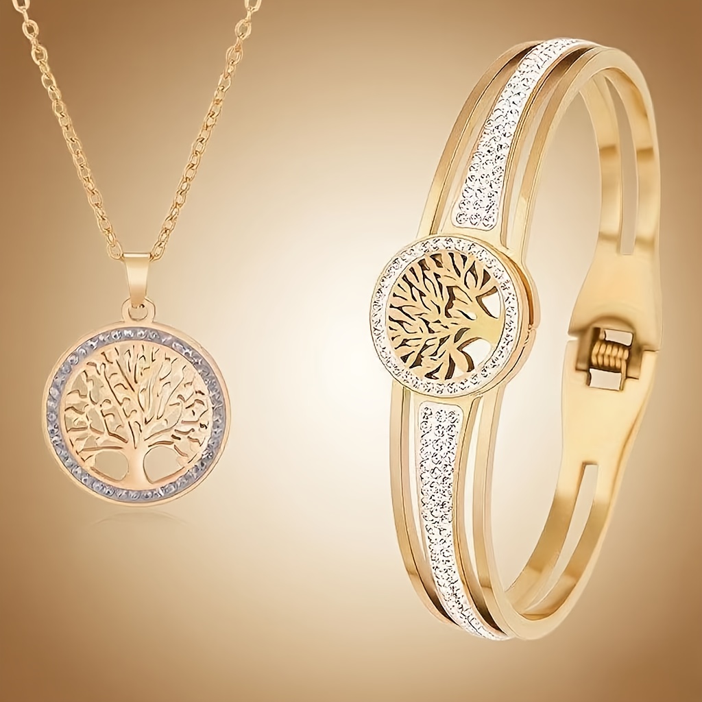 E-shop 2er-Set Mode Edelstahl Baum des Lebens Eingefasster Außenring Hohler Anhänger Halskette Armband Temperament Vielseitige Mode