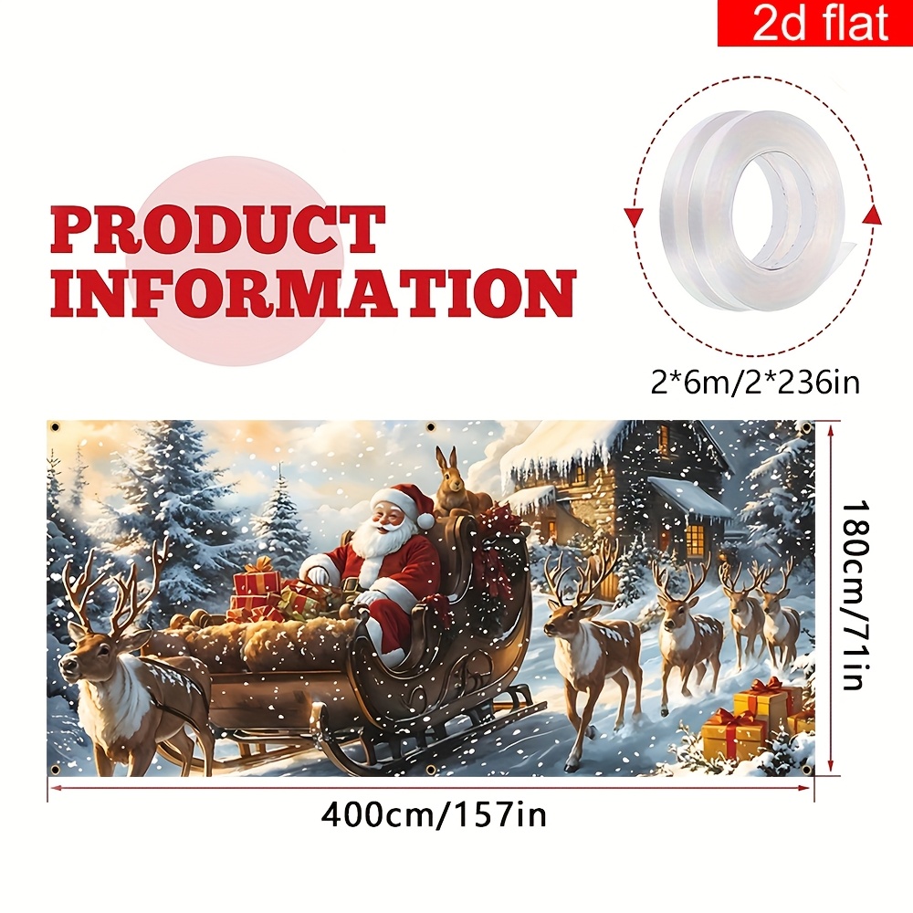 TEMU 2d Flat Banner, 1pc Christmas Garage Door Banner, Polyester, Bright And Durable, Santa Claus Riding A Sleigh Pattern Large Mural Party Banner,
