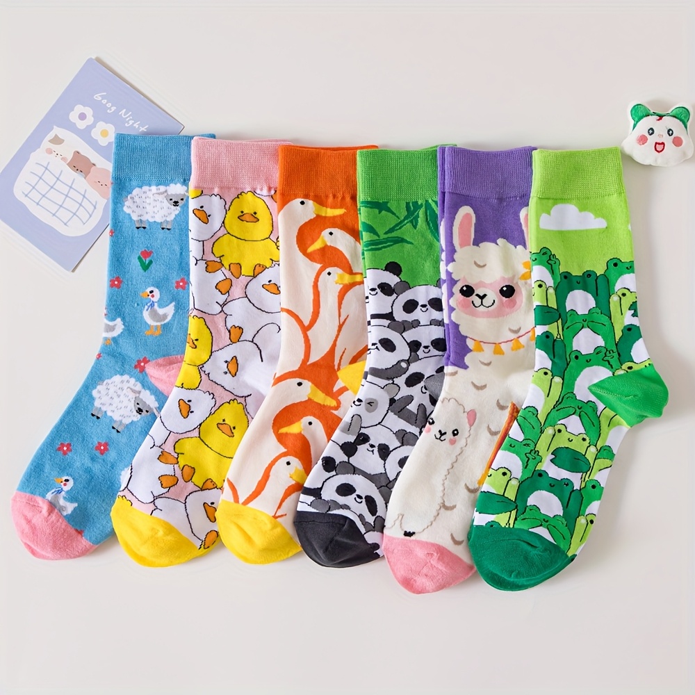 Image of 6 Pairs Women's Cartoon Animal Print Socks - Assorted Cute Designs, Soft Breathable Fabric, Vibrant Colors For Casual & Lounge Wear, Cute Socks, Cozy Footwear, Style, Comfortable Material, Sock Lovers