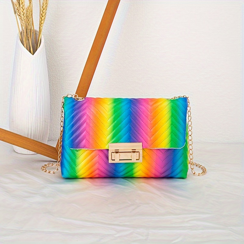 

Women's Fashion Rainbow Gradient Shoulder Bag, Simple Lock Buckle Crossbody Purse, Small Square Handbag