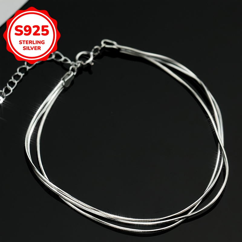 S925 Sterling Silver Anklets Three Layer Snake Bone Finish