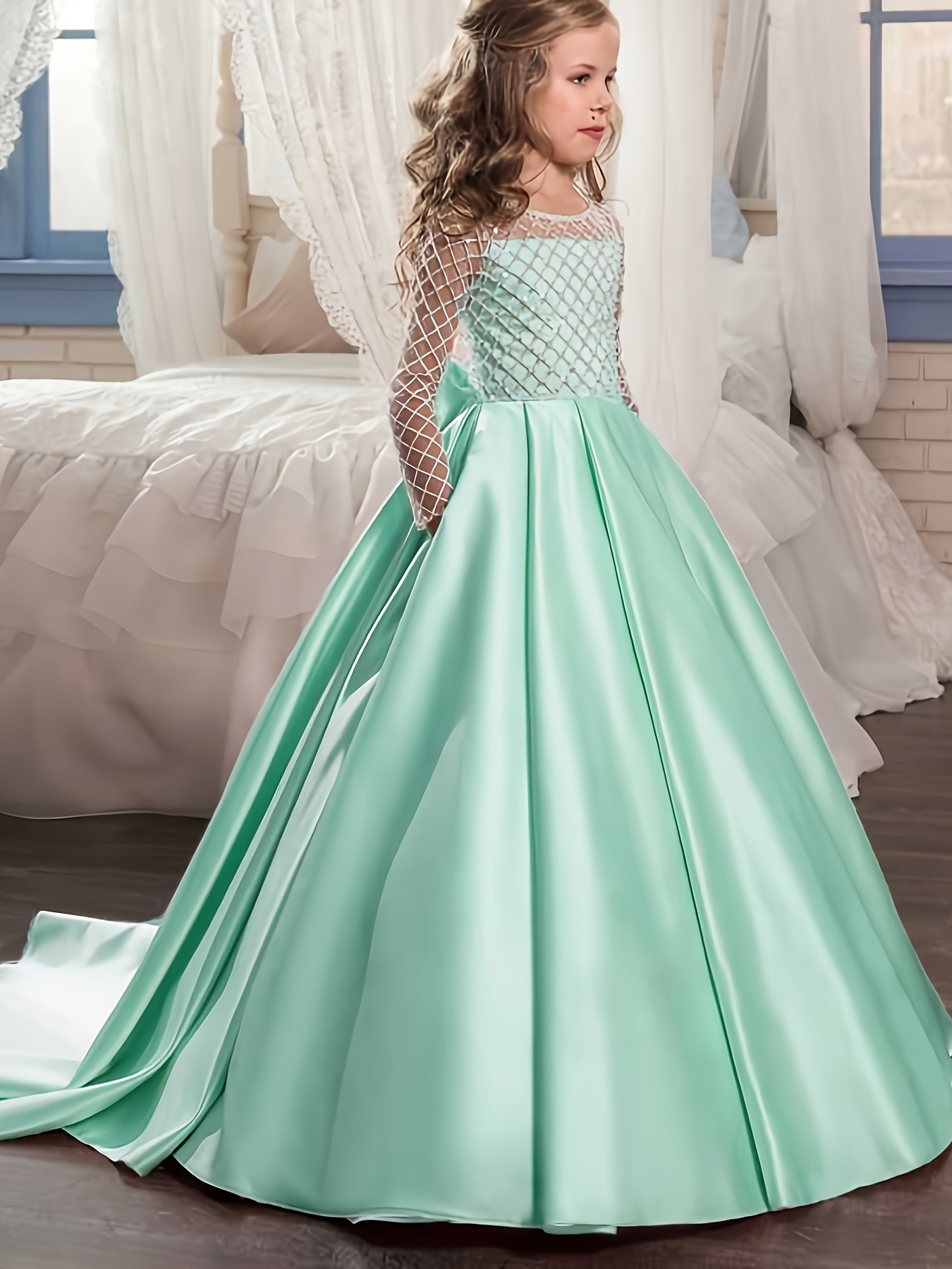 girls elegant gorgeous dress bowknot long sleeve dresses - Temu