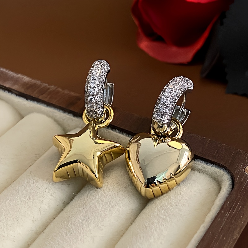 Image of 2pcs Niche 18k Gold Plated Genuine 18k Gold Plated Plated Copper With Synthetic Synthetic Cubic Zirconiaia Star Heart Earrings For Women Ins Fashionable, Luxurious, French Earrings