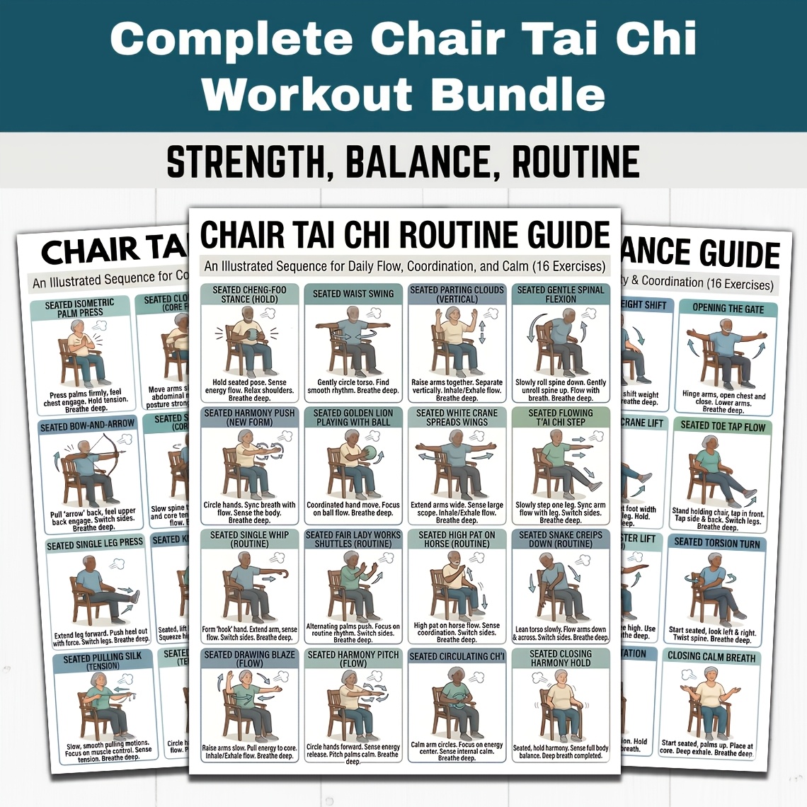 TEMU Chair Tai Chi Poster Bundle For Seniors, Seated Tai Chi And Routine Guide, 3-pack Exercise Wall Charts For Balance And Calm, Unframed