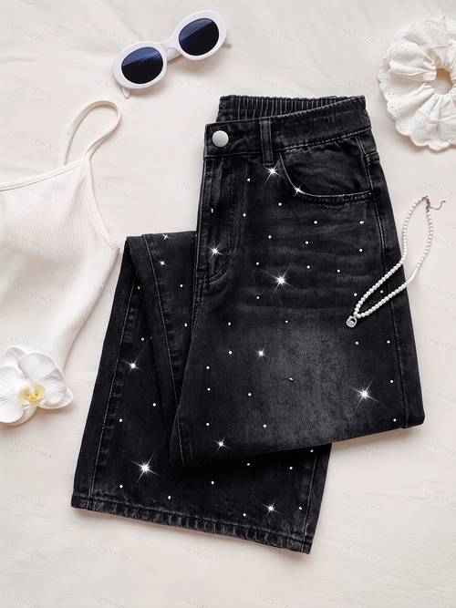 plus size womens jeans stretchy denim trousers jeans with an elastic waistband at the back button closure plus size wide leg pants for festive occasions suitable for