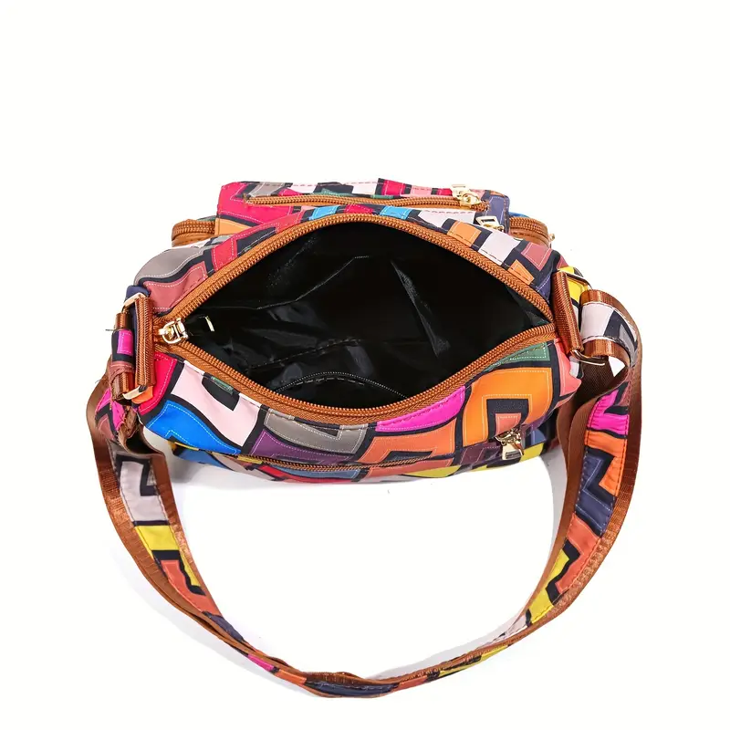 colorful geometric hip hop style womens crossbody bag large capacity with multiple pockets durable nylon vibrant red with brown accents zip closure details 3
