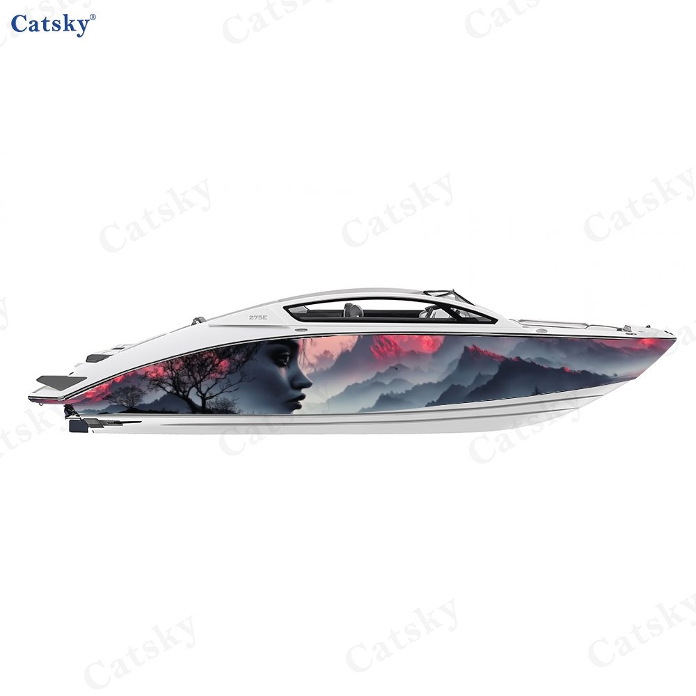 Vibrant Boat Wrap Film with Woman's Profile & Sunset Design