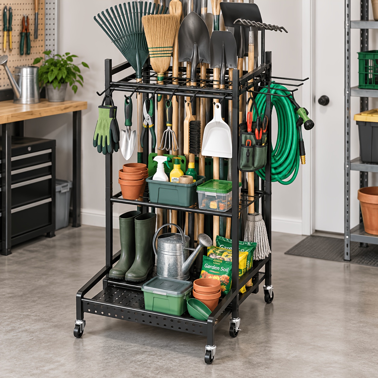 TEMU Garage Garden Tool Storage Rack, Mobile Utility Storage Rack With 6 Wheels, 35-inch Long-handled Metal Yard Tool Storage Rack, Broom, Shovel,
