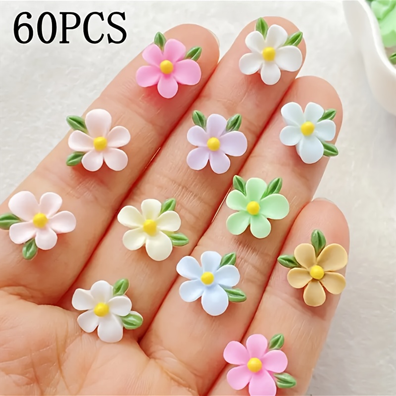 E-shop 60 Stück Mischung Harz Mini Blumen Blätter Flachrücken Anhänger - Leuchtende Farben, Vielseitig Einsetzbar, für Nageldesign, DIY Basteln