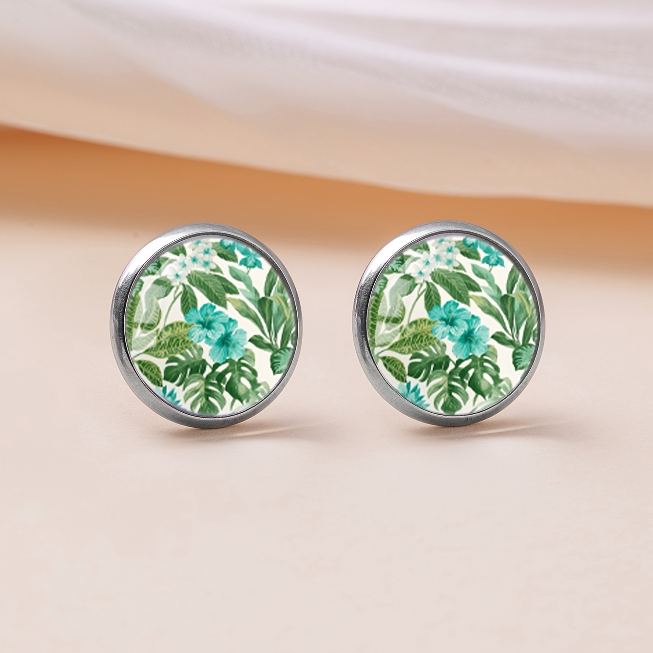 Women's Tropical Monstera Leaf Round Ear Studs, Stainless Steel