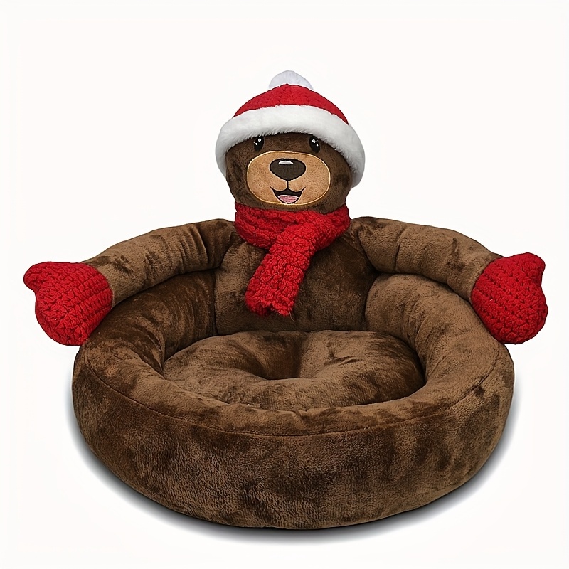 1pc Cozy Bear-Shaped Christmas Pet Bed for Small Dogs & Cats - Plush Brown Winter Warm Kennel with Santa Hat & Red Paws, Soft Bedding