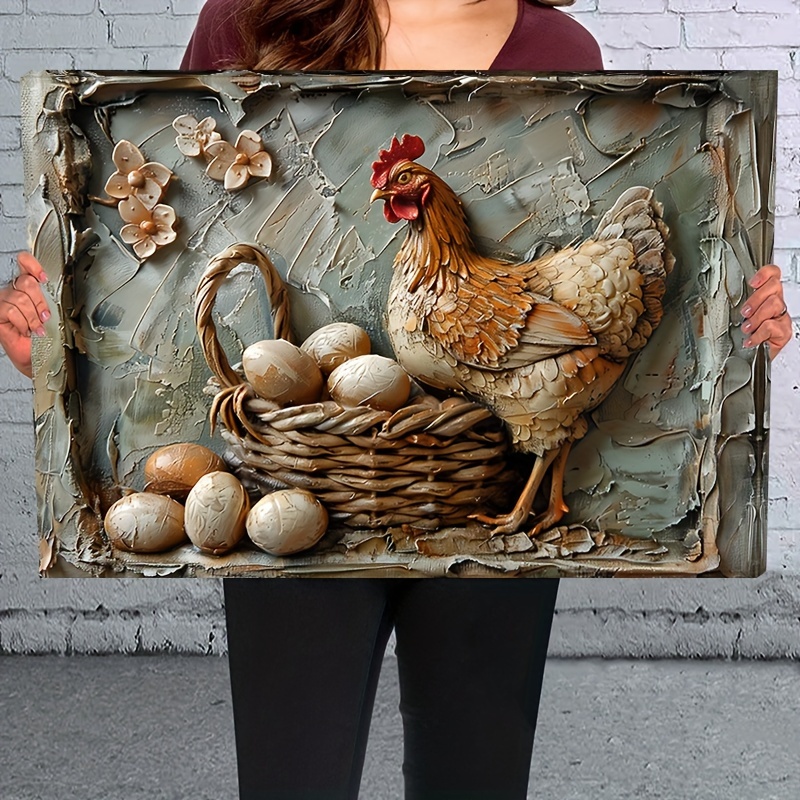 

1pc 2d Wooden Framed Canvas Painting Hen & Egg Wall Art Prints For Home Decoration, Living Room & Bedroom, Festival Party Decor, Gifts, Ready To Hang