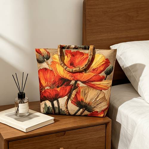 oil painting style print bamboo handle tote bag bamboo knot handle casual carryall multi functional bag for and commuting vintage artistic style versatile shoulder bag everyday outing tote bag
