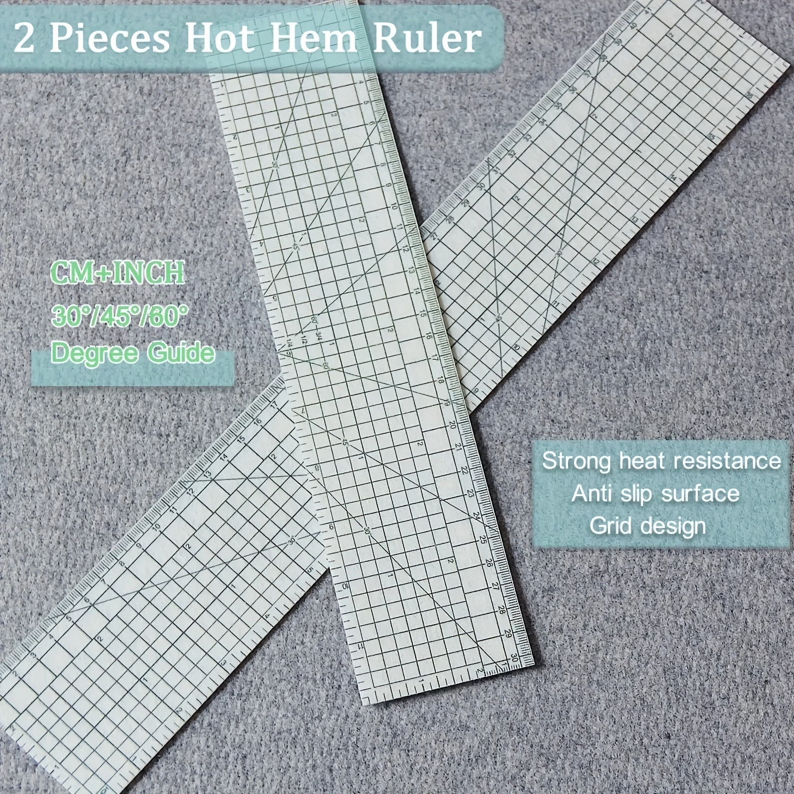 TEMU 2pcs Set Of Extended Quilting Heat Press Rulers - Non-slip, Suitable For Heat Pressing And Ironing Sewing And Knitting Tools, Light Gray