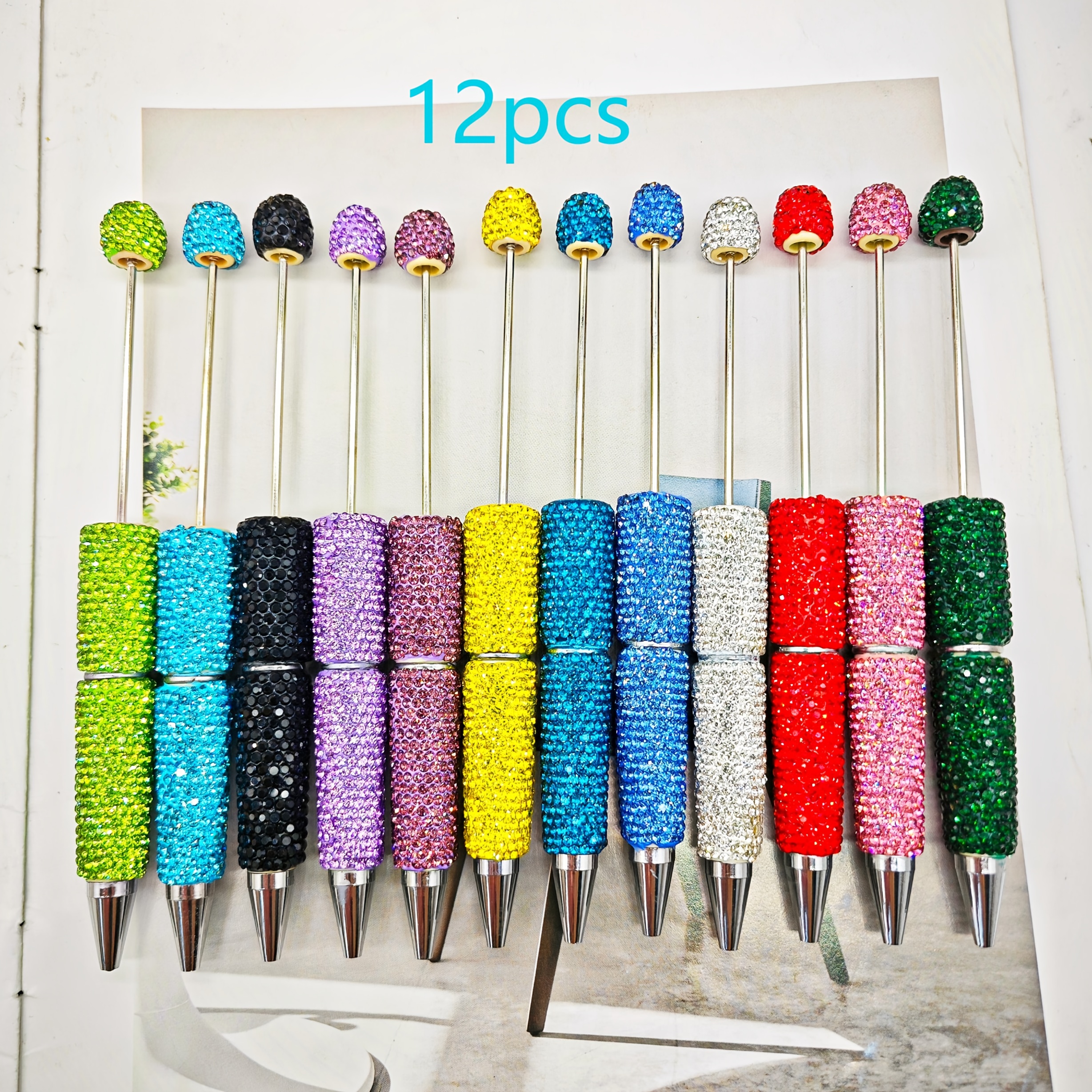 TEMU 12pcs Color Mixed Diamond Decorative Beaded Pens, Back-to-school, Holiday, Party, Anniversary Surprise Gift Pens, Top For Party Favors, High-