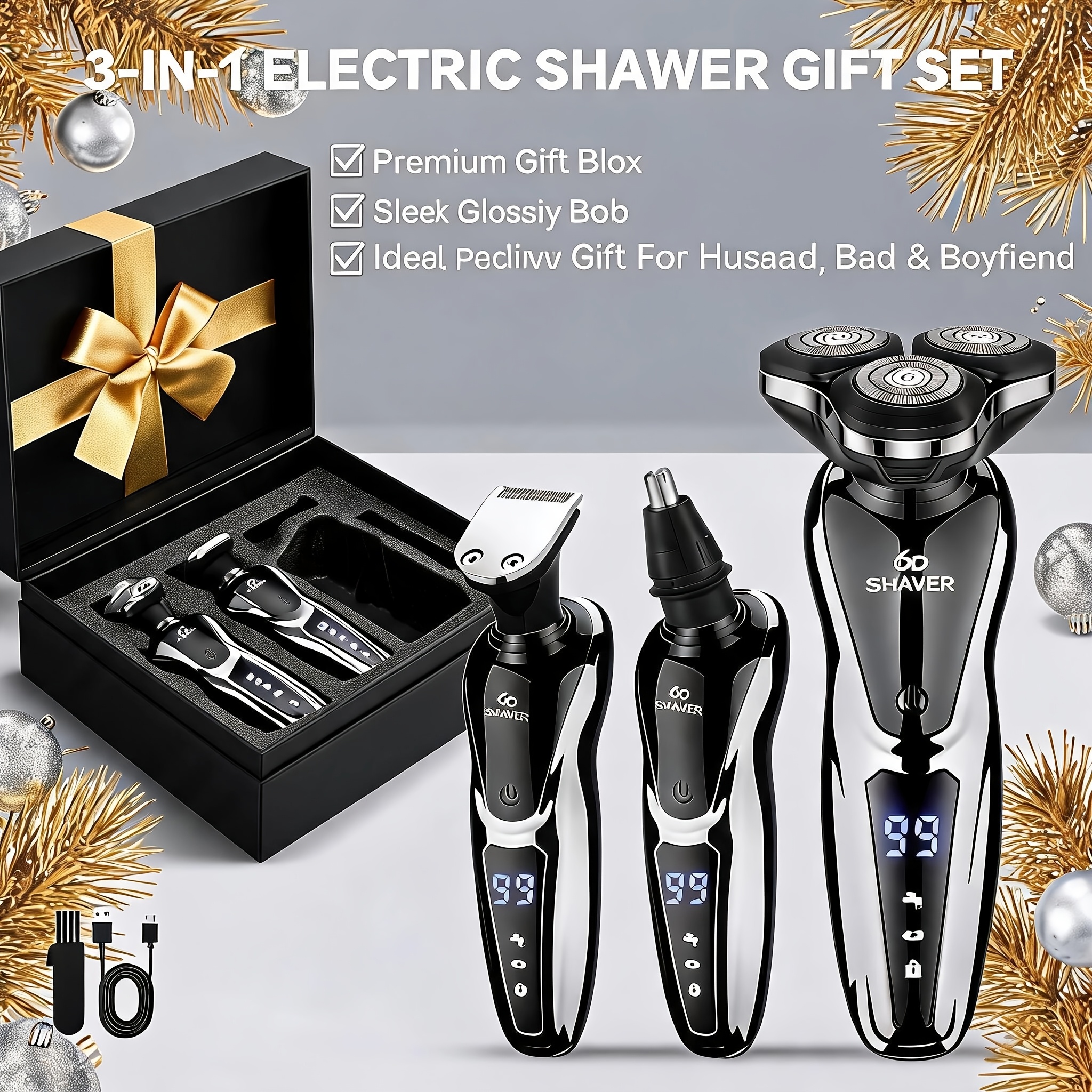 1 Pack 3in 1 Electric Shaver Set Usb Rechargeable Washable Nose Hair Trimmer Sideburns Cutter Portable Men Grooming Kit For Use Gift For Dad Husband Birthday Father's Day