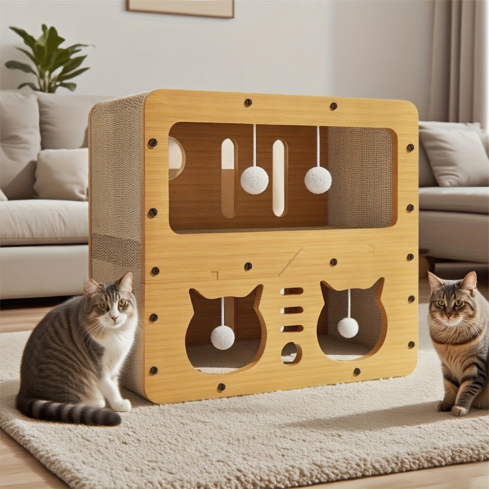 E-shop Katzenhaus mit Kratzbaum, 2-in-1 großes Katzenbett aus Karton und Kratzbaum, erfüllt die Bedürfnisse nach Krallenputzen/Verstecken/,