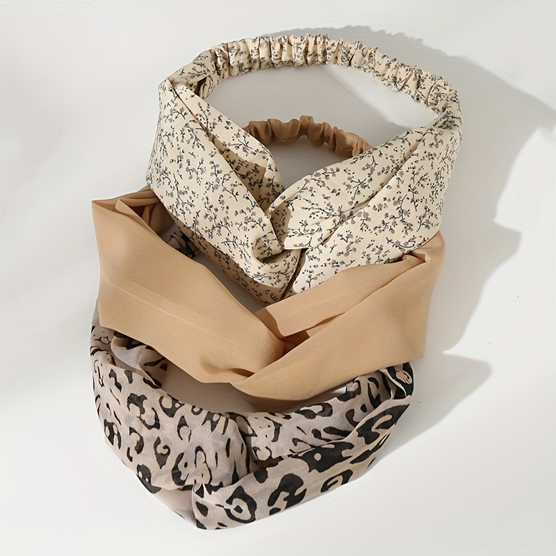 Image of 3pcs Easy Retro Women's Printed Wide-brimmed Headband Fabric Elastic Cross Knotted Headband Leopard Print Design Hair Hoop Hair Additions
