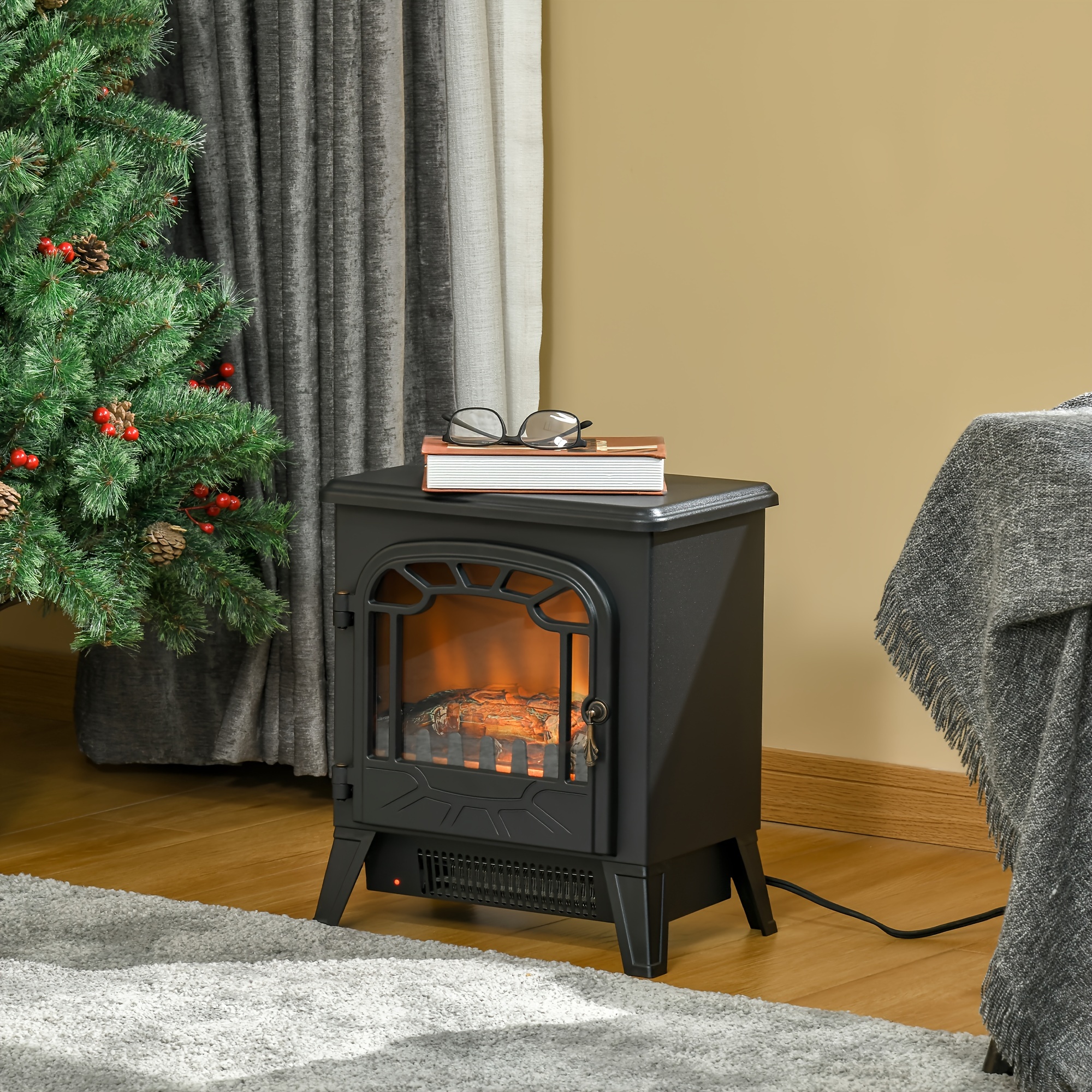 TEMU HOMCOM Poêle à bois électrique autoportante avec effet de flamme réaliste, protection contre la surchauffe, 750W/1500W, Noir
