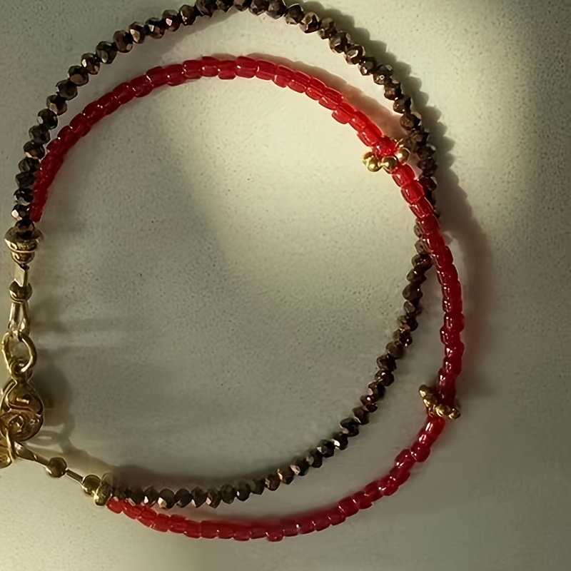 Red-Brown Dual-Color Bead Double Chain Bracelet, Versatile Design