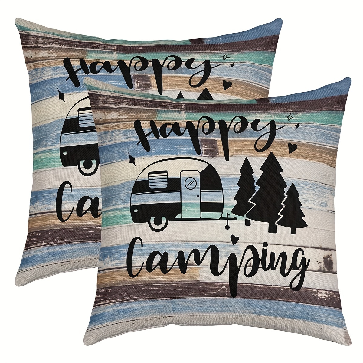 

2 Sets, Happy Camping Square Pillow Cover Farmhouse Brown Blue Wooden Grain Warehouse Pillow Cover Rv Camping Cushion Cover Short Plush Decor 18x18 Inches