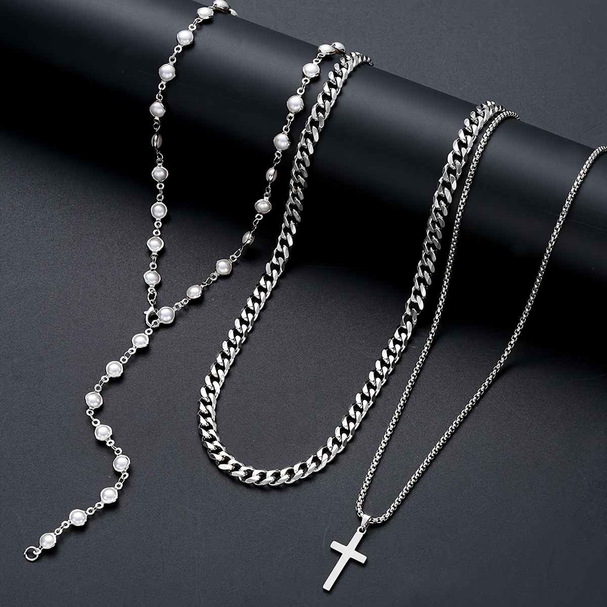 3 pièces collier y   pour homme avec croix en acier inoxydable et perles  , ensemble de chaînes superposées - cadeau idéal petit   (rencontre   vacances fête), accessoire élégant bijoux masculins design moderne     chaine multicouche   pour passionnés de joaillerie Détails du produit 3
