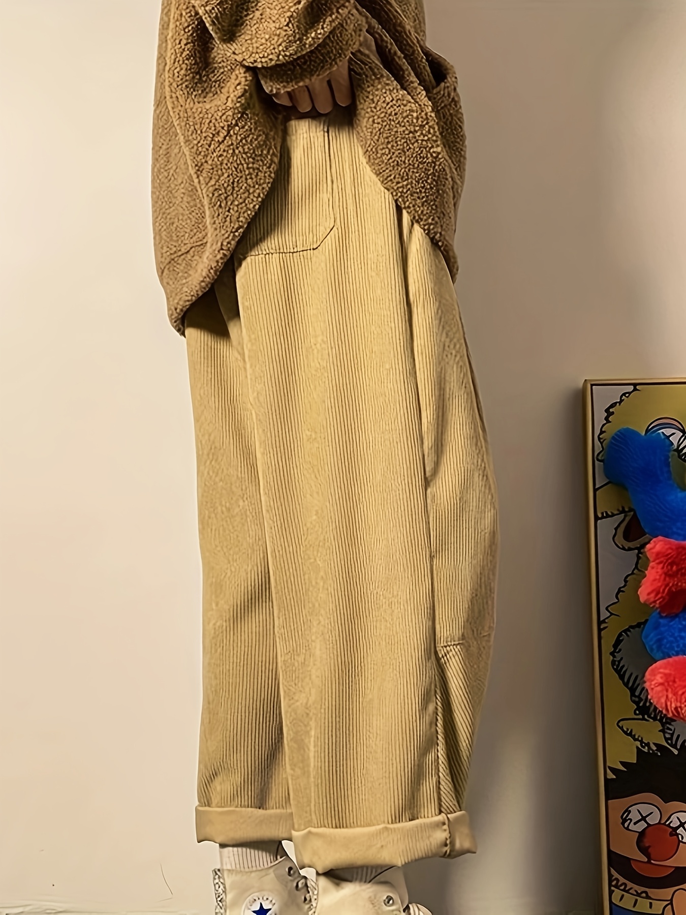 *'s Plus Size Vintage Corduroy Pants Loose Fit Straight Leg Cargo Pants  with Drawstring, Casual Retro Style for Big Tall, Black, Relaxed Outfit