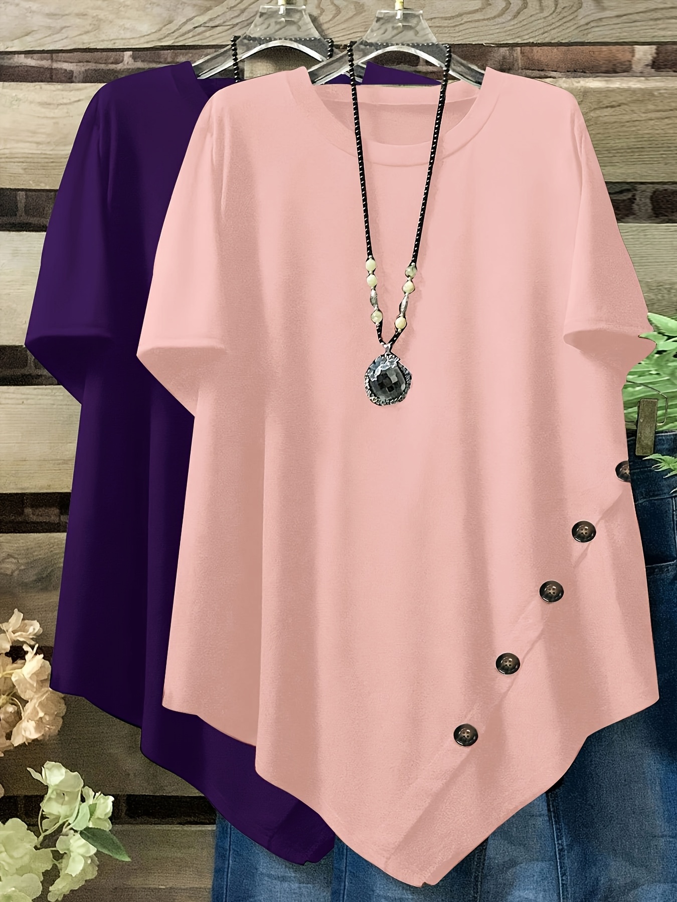 2 pack womens plus size casual short sleeve t shirts relaxed fit round neck with asymmetrical hem button detail breathable summer   in purple black medium stretch fabric decorative button accents opaque fabric