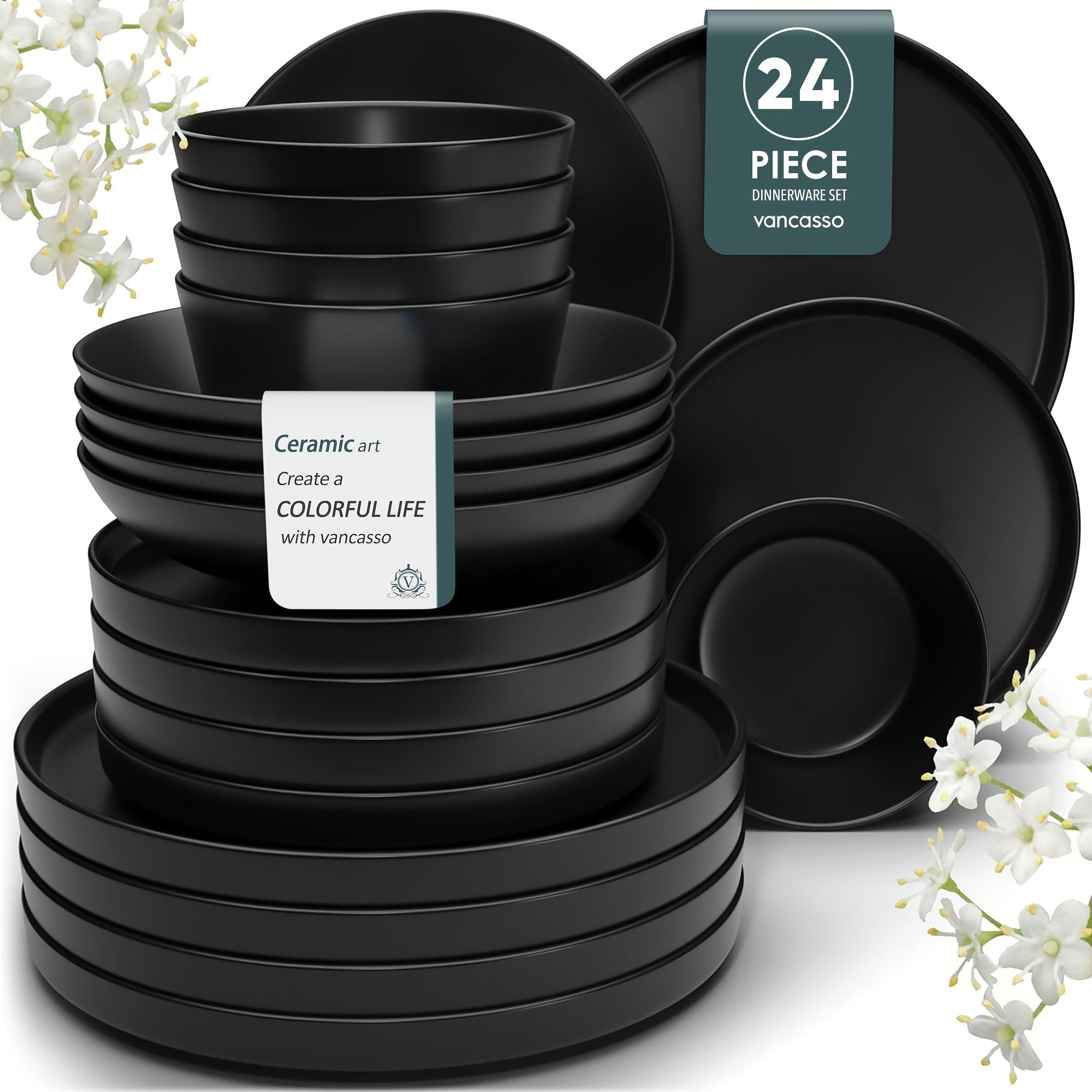 Image of 24pcs Dinnerware Sets Black Stoneware Kiln Change Glaze Plates And Bowls Set Tableware With Dinner Plate, Dessert Plate, And Cereal Bowl Service For 6