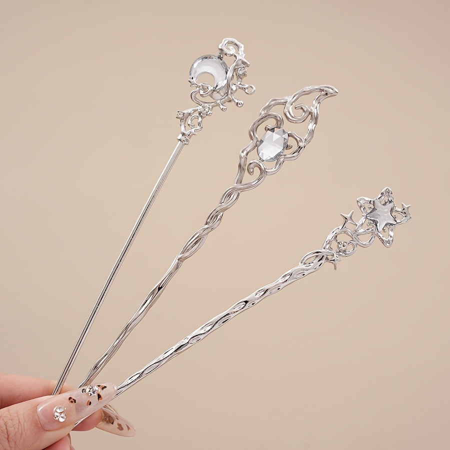 E-shop 3er-Set modische Metall-Haarnadel im Stern- & Mond-Design mit Strasssteinen, elegantes Haar-Accessoire, ideal für Party, Hochzeit &