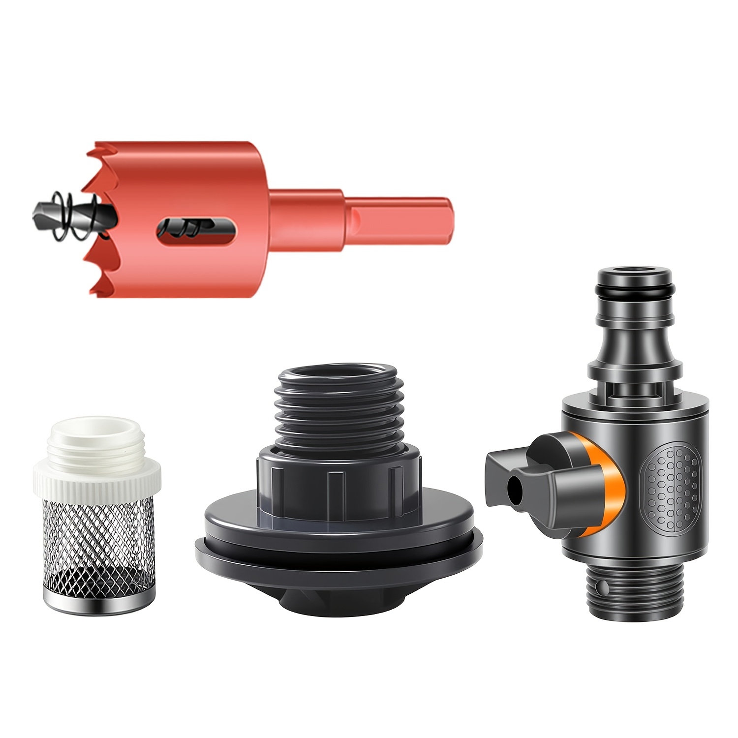 4pcs Pvc/ibc Water Tank Adapter With Valve And Filter Screen, Hole Punch, Rainwater Collection Bucket Connector Kit, 1/2"- Thread Connector, Suitable For Rain Barrels, Aquariums, Tanks