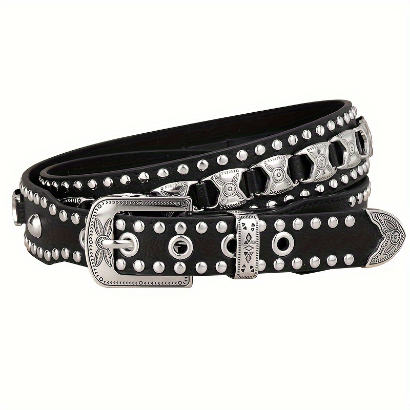 

Punk Style Black Faux Leather Belt With Rivet Detailing And Alloy - Fashionable Jeans Accessory