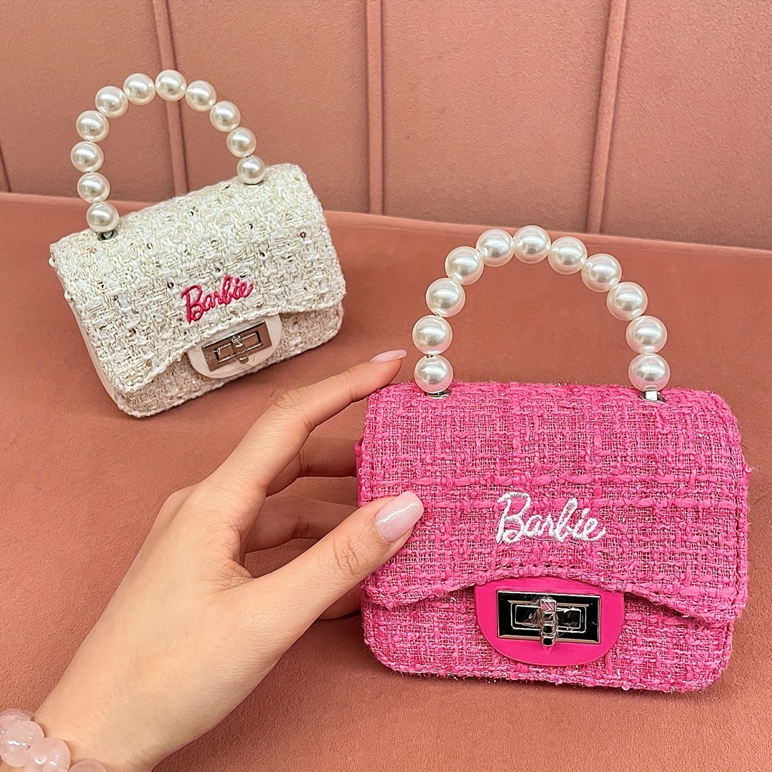 

Miniso Barbie Polyester Jelly Handbag, Fashionable Casual & Party Accessory With Pearl Handle