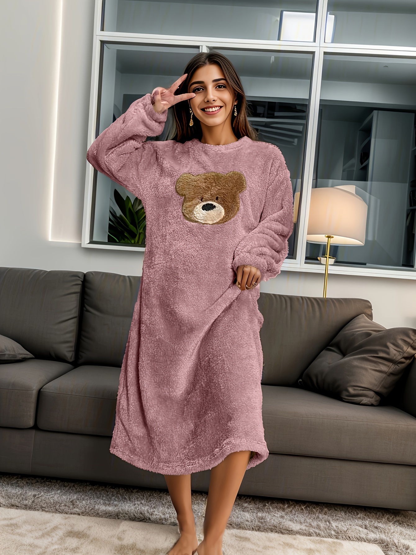 elegant crew neck cartoon bear applique plush nightgown Temu