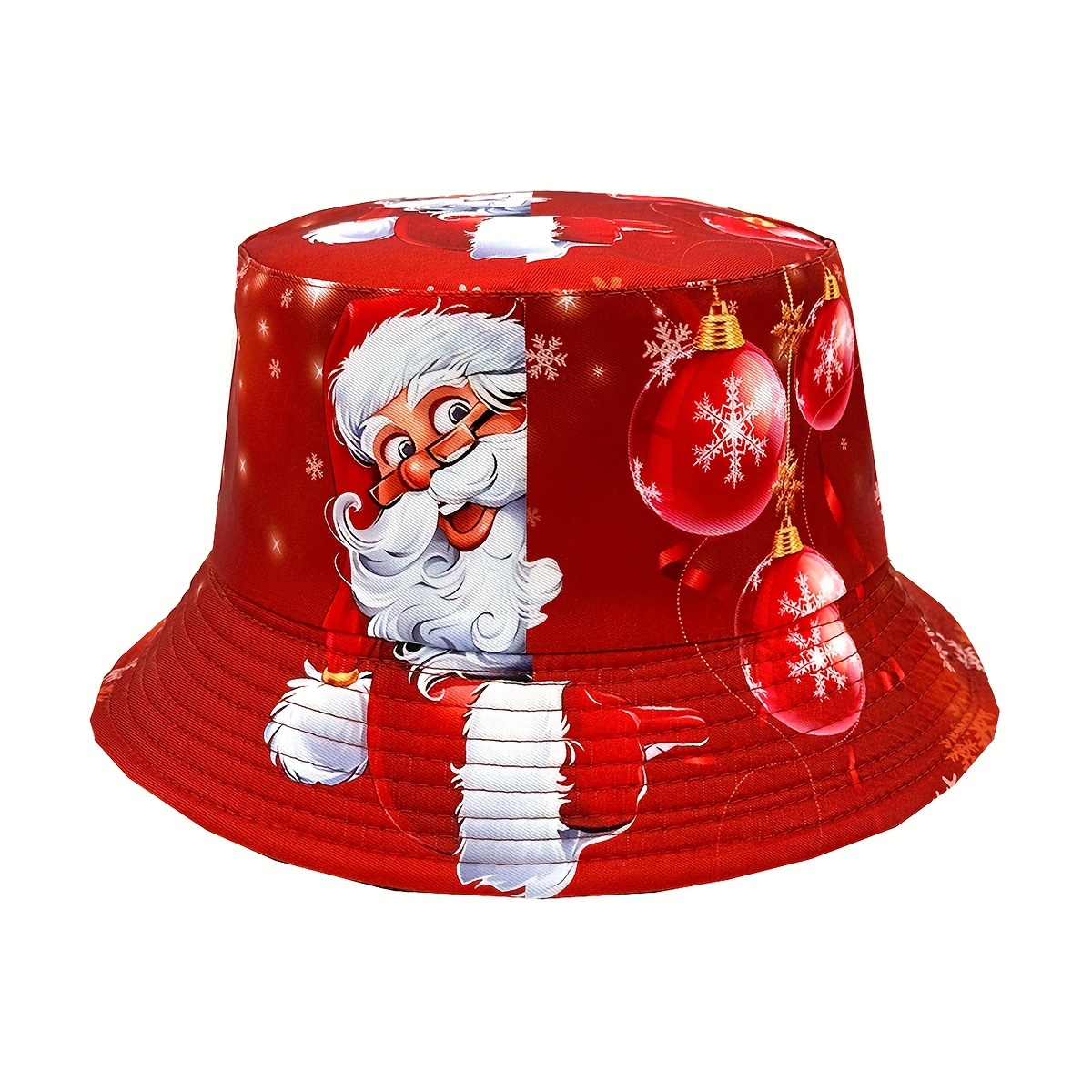 

Christmas Santa Claus And Snowman Pattern Lightweight Fisherman Hat, Unisex Casual Double-sided Bucket Hat, Polyester Woven Christmas Holiday Accessory, Machine Washable