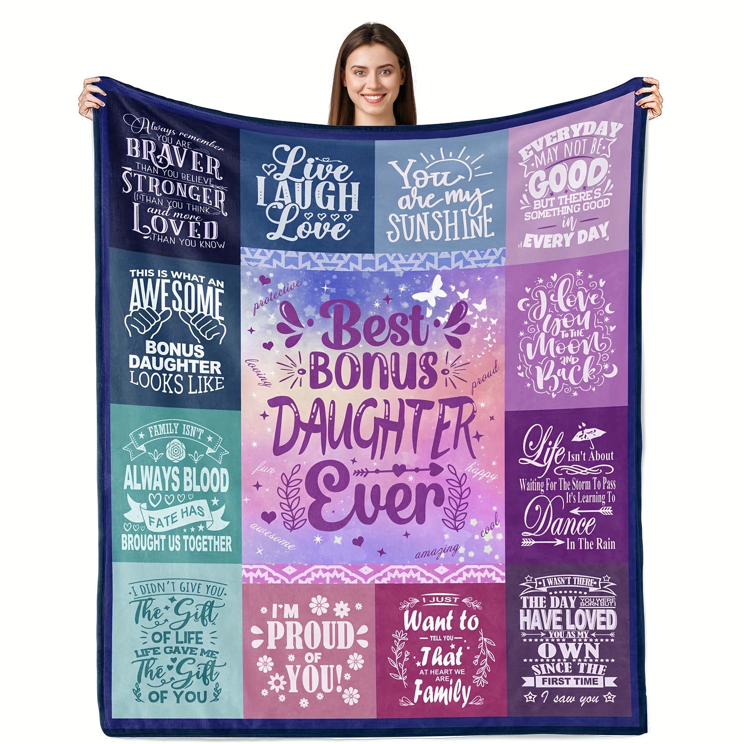 

Vintage Knit Polyester Throw Blanket With Inspirational Quotes - Cozy Blanket For Daughter, From Stepmom, Birthday, 50x60 Inch - Mixed Color, No Printing Needed