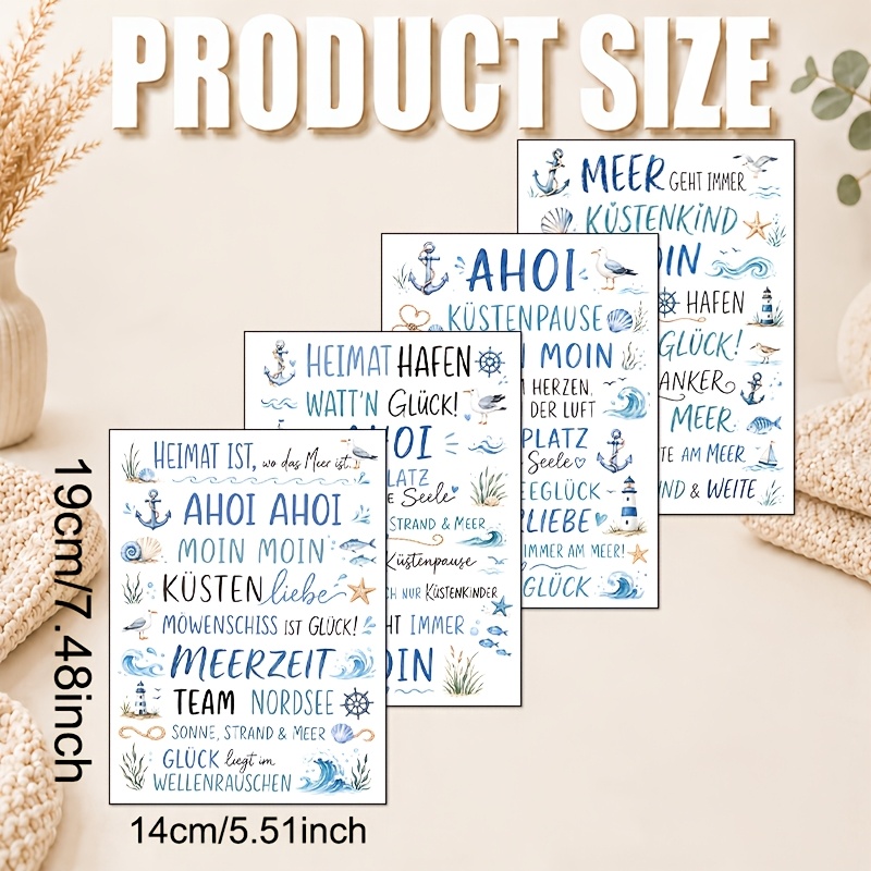 TEMU 4 Sheets/set, Fresh Nautical Style Transfer Paper, Ship Waves Starfish Seaweed With Light Blue Gradient German Text Transfer, Easy Seaside