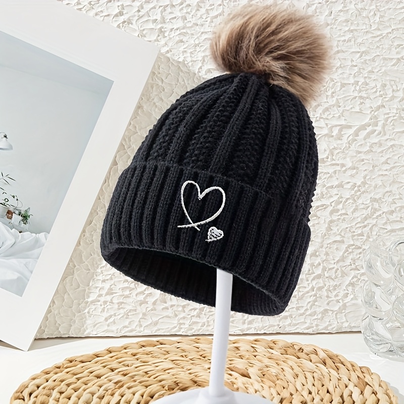 TEMU A Women's Hat With Heart Embroidery, Wheat Ear Logo, And Rolled Brim. Women's Warm Hat, New Winter Pullover Hat For Women, Thickened Warm Hat,