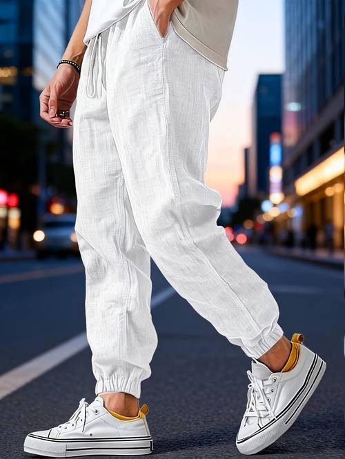 mens linen trousers woven breathable lightweight pants solid color casual with drawstring design suitable for daily wear and outdoor sports and summer